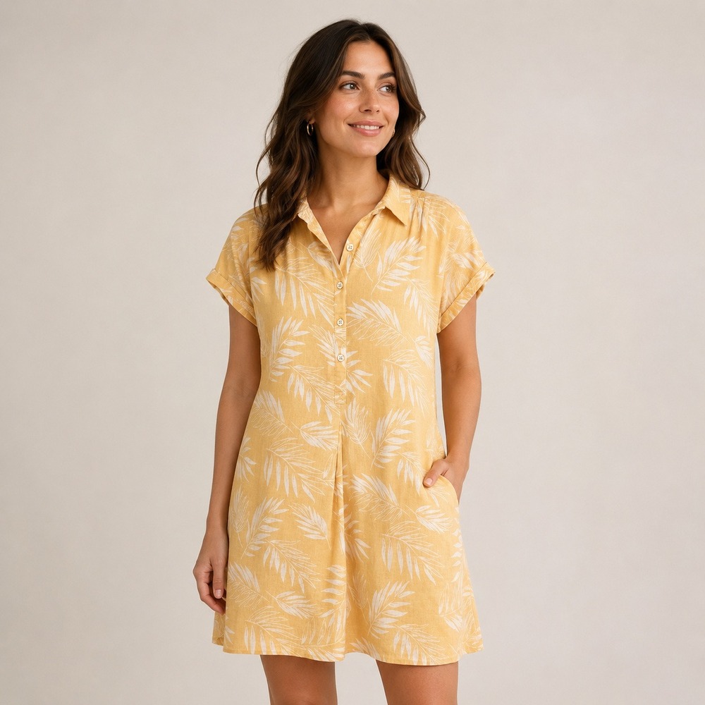 Faherty Yellow Palm Leaf Linen Blend Button Front Mini Dress WDU2017-PLF Small